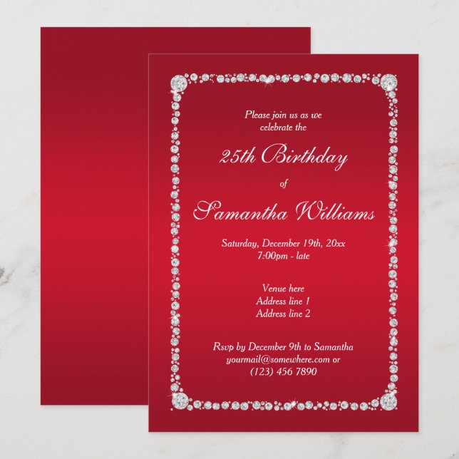 Glamourous Diamond Frame & Ruby Red Birthday Invitation (Front/Back)