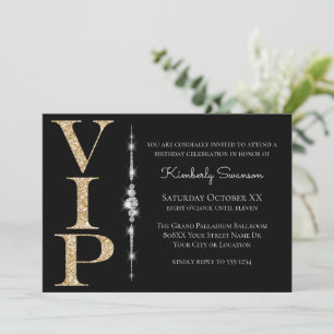 Glamourous Diamonds on Black Gold Glitter VIP Part Invitation