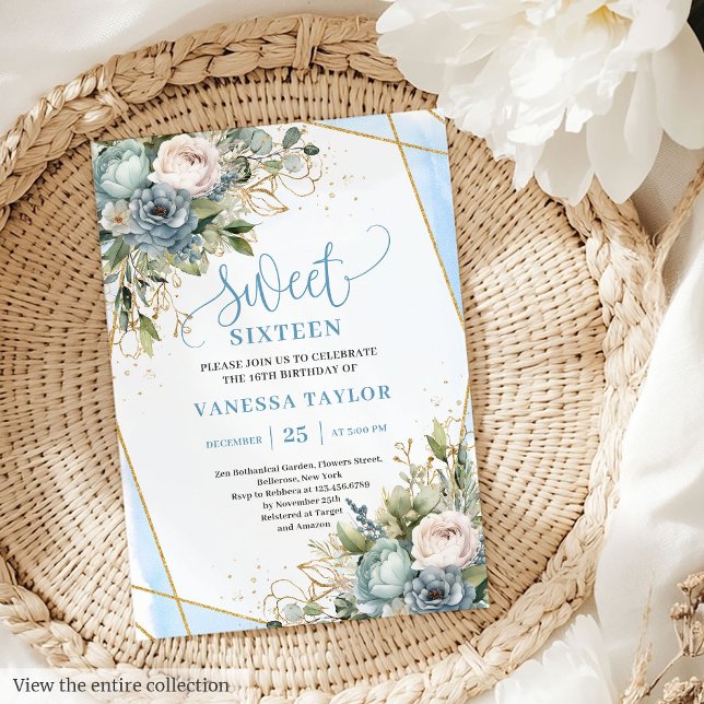 Glamourous Dusty Blue White Peonies Sweet 16 Invit Invitation (Glamorous Dusty Blue White Peonies Sweet 16 Invitation)