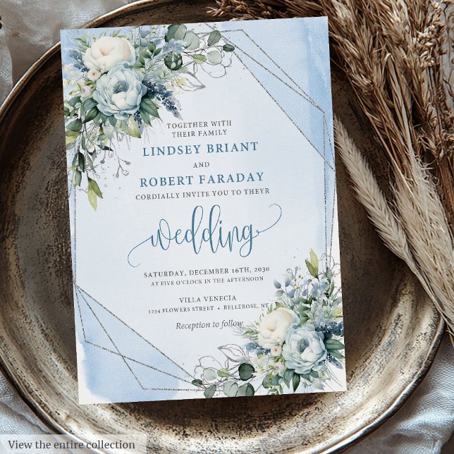 Glamourous Dusty Blue White Silver Peonies Wedding Invitation (Glamorous Dusty Blue White Silver Peonies Wedding Invitation)