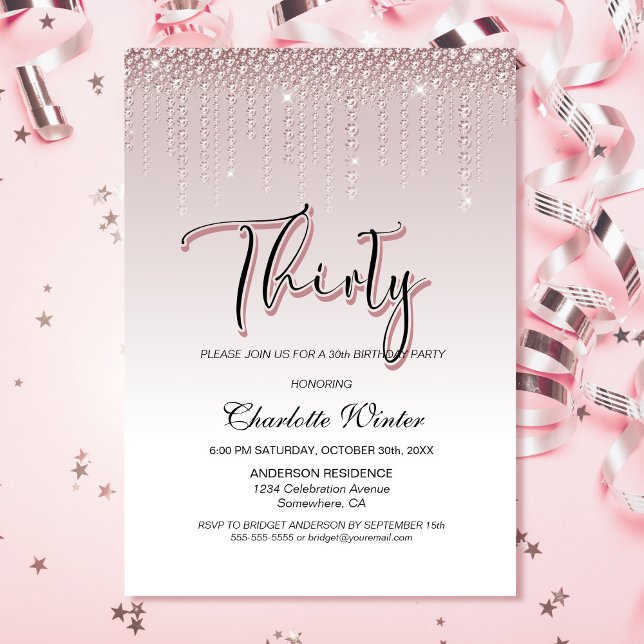 Glamourous Dusty Rose Pink Diamonds 30th Birthday Invitation (Creator Uploaded)