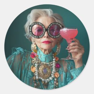 Glamourous Elderly Woman Bold Luxury Fashion Classic Round Sticker