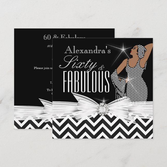 Glamourous Fabulous 60 Chevron Black White Birthda Invitation (Front/Back)