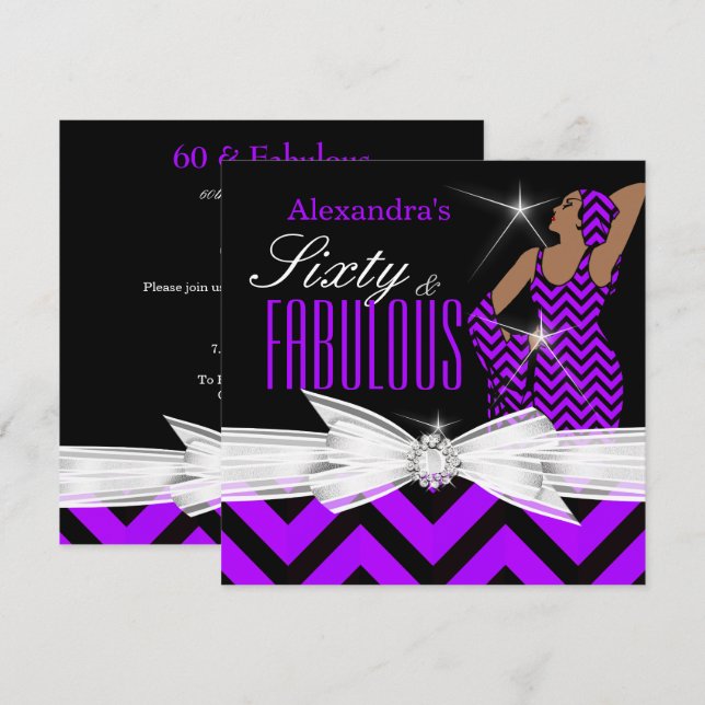 Glamourous Fabulous 60 Chevron Purple Birthday Invitation (Front/Back)