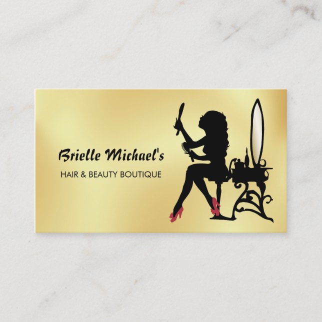 Glamourous Faux Gold and Black Woman Hair Boutique Business Card (Front)