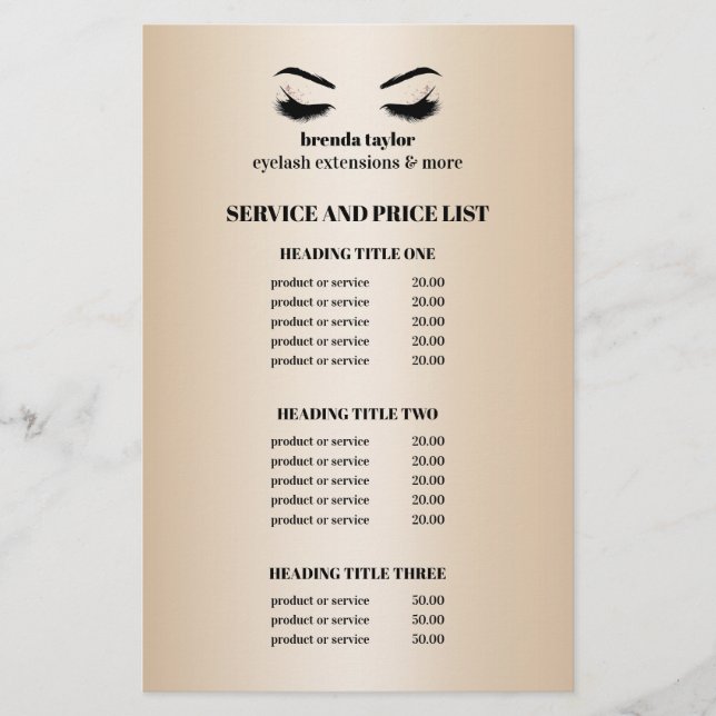 Glamourous faux gold EYELASH SALON SERVICE LIST Flyer (Front)