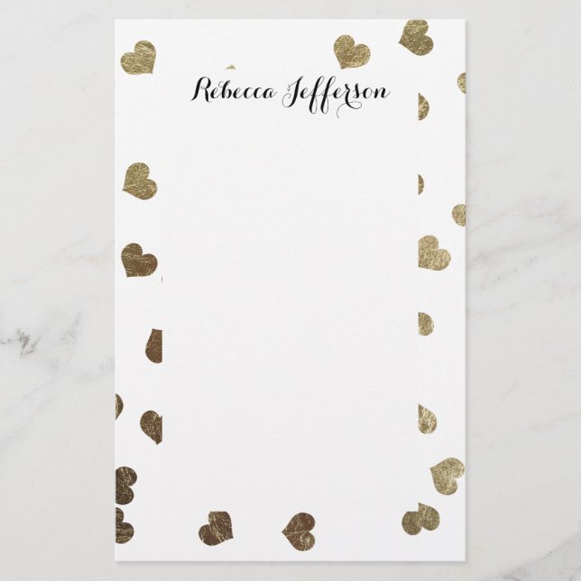 Glamourous Faux Gold Hearts Pattern Stationery (Front)