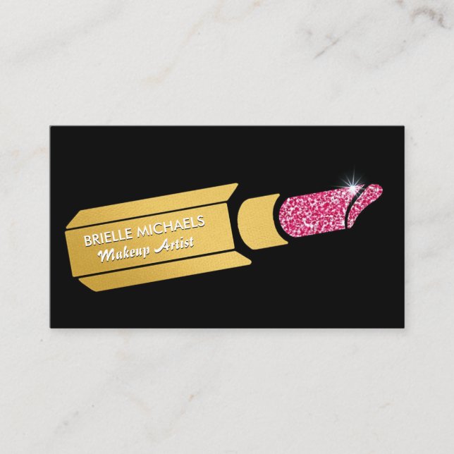 Glamourous Faux Gold Makeup Artist Pink Lipstick Business Card (Front)