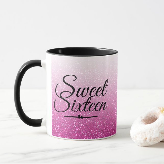Glamourous faux hot pink glitter ombre Sweet 16 Mug (With Donut)