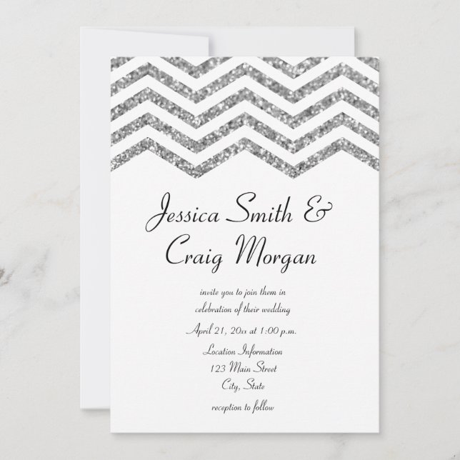 Glamourous Faux Silver Glitter Chevron Wedding Invitation (Front)