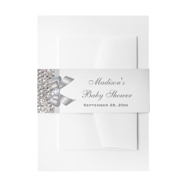 Glamourous Faux Silver Sequins Bow Baby Shower Invitation Belly Band (Front Example)