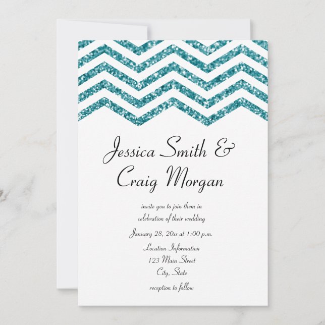 Glamourous Faux Teal Glitter Chevron Wedding Invitation (Front)