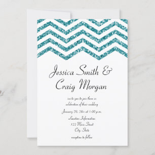 Glamourous Faux Teal Glitter Chevron Wedding Invitation