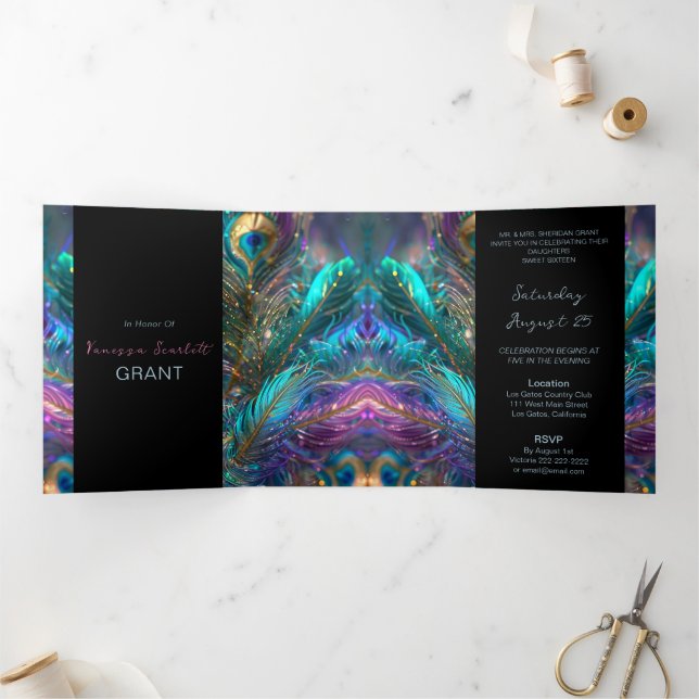 Glamourous Feathers Sweet 16 Party Invitation (Inside)