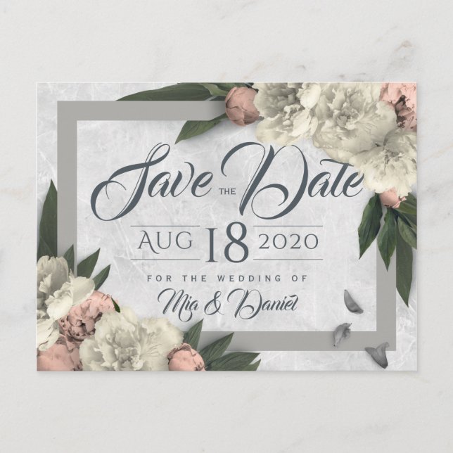 Glamourous Floral Peonies Design Save The Date Postcard (Front)