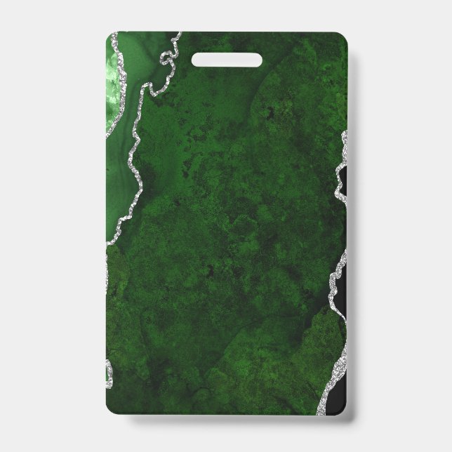 Glamourous Forest Green Marble Chic Silver Glitter ID Badge (Front)