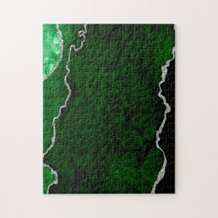 Glamourous Forest Green Marble Chic Silver Glitter Jigsaw Puzzle
