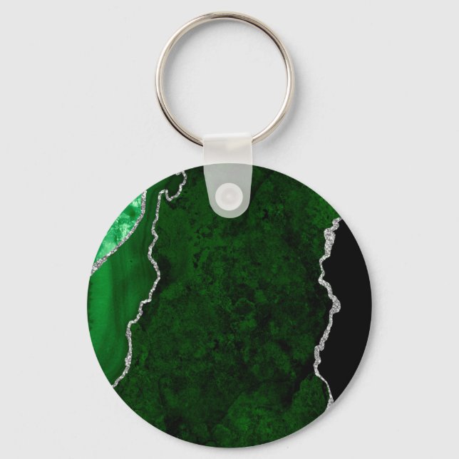 Glamourous Forest Green Marble Chic Silver Glitter Key Ring (Front)