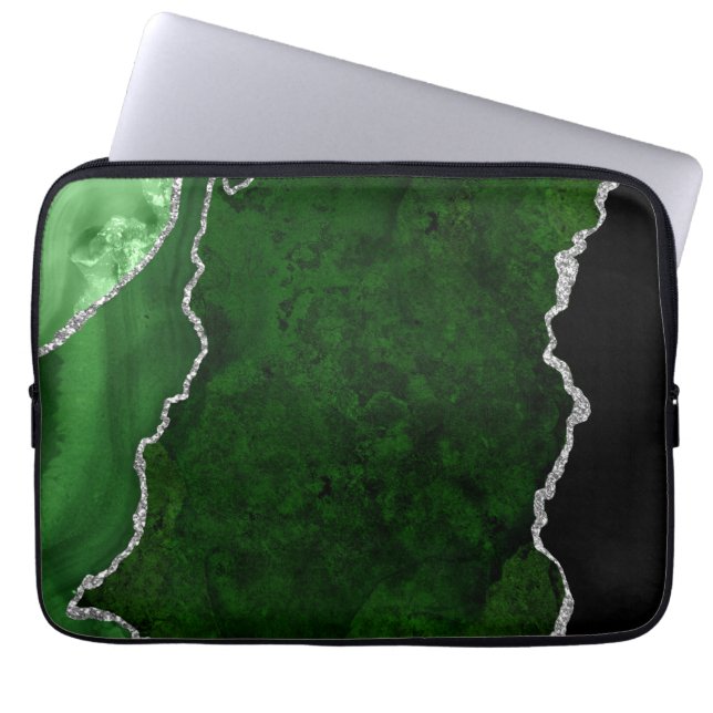 Glamourous Forest Green Marble Chic Silver Glitter Laptop Sleeve (Front)
