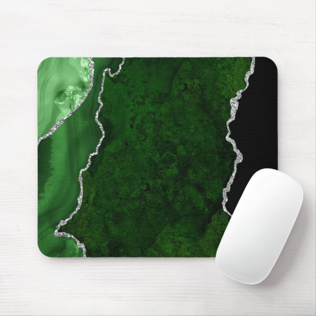 Glamourous Forest Green Marble Chic Silver Glitter Mouse Mat (With Mouse)