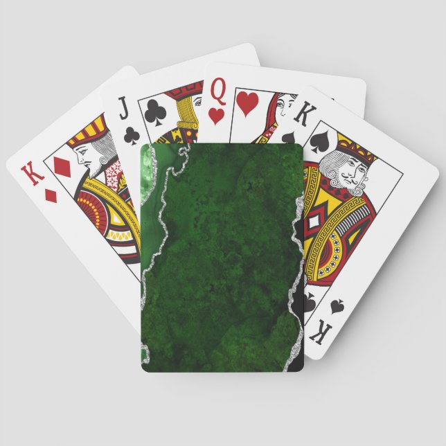 Glamourous Forest Green Marble Chic Silver Glitter Playing Cards (Back)