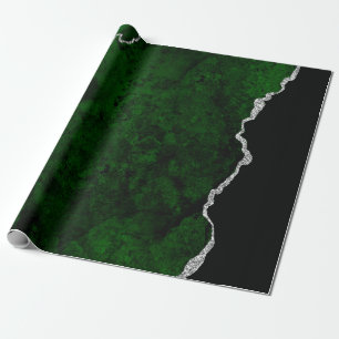 Glamourous Forest Green Marble Chic Silver Glitter Wrapping Paper