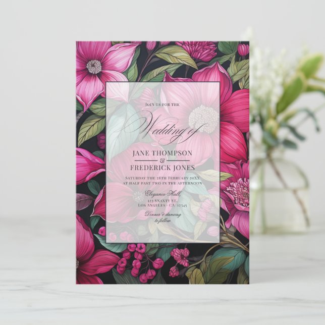 Glamourous Fuchsia, Emerald Green & Black Floral Invitation (Standing Front)