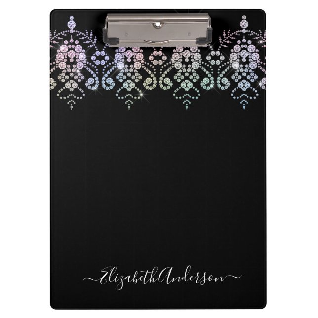 Glamourous Girly Diamond Sparkle Monogram Name Clipboard (Front)