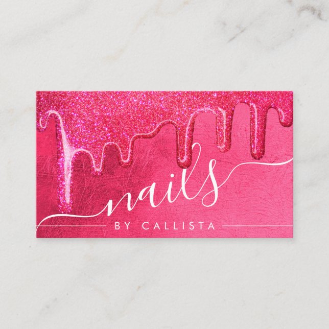 Glamourous Girly Neon Pink Thick Glitter Drip Nail Business Card (Front)