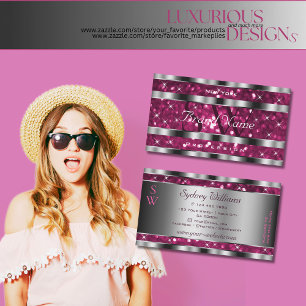Glamourous Girly Pink Glitter Stars Monogram Silve Business Card