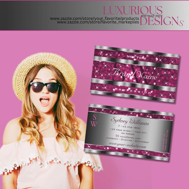 Glamourous Girly Pink Glitter Stars Monogram Silve Business Card (Creator Uploaded)