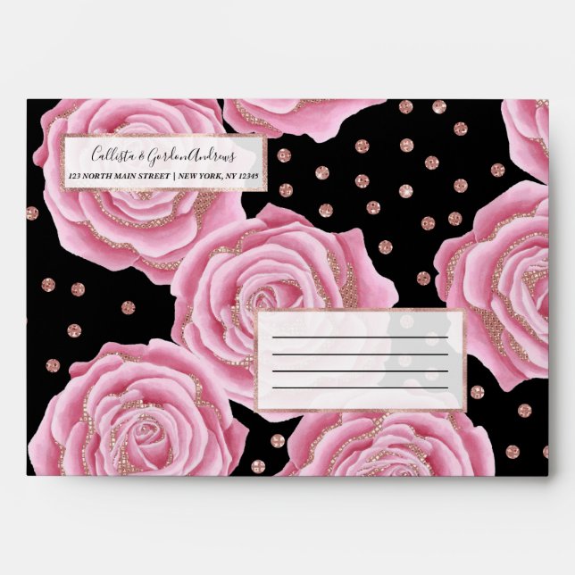 Glamourous Girly Rose Gold Pink Glitter Flowers Envelope (Front)