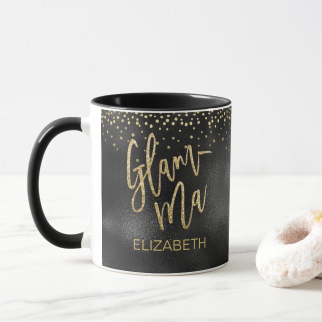 Glamourous Glamma Grandma Black Foil Gold Dots Nam Mug (With Donut)