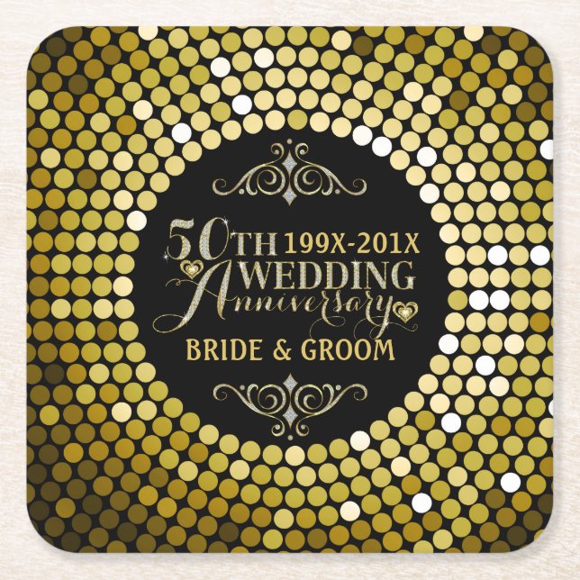 Glamourous Glitter 50th Wedding Anniversary 2 Square Paper Coaster (Front)