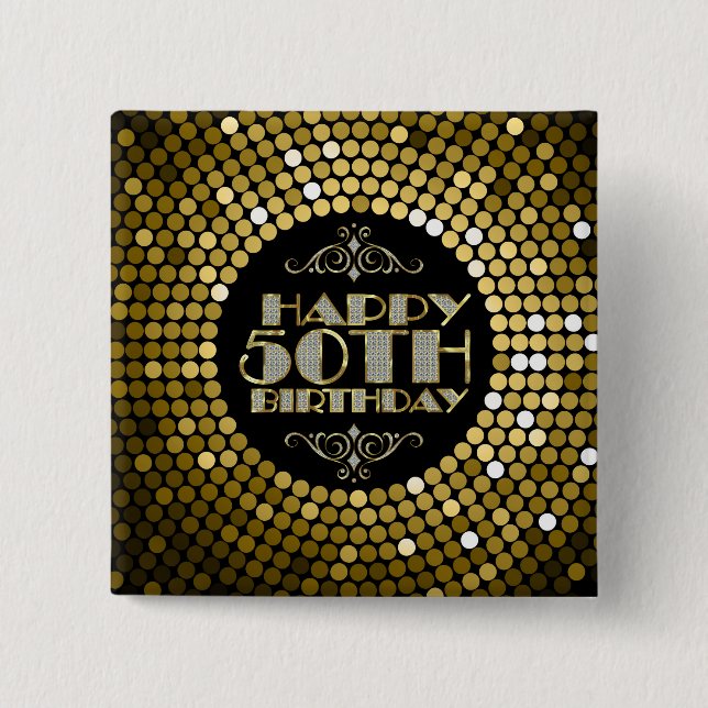 Glamourous Glitter Happy 50th Birthday 15 Cm Square Badge (Front)