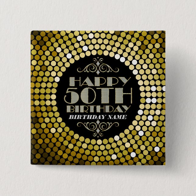 Glamourous Glitter Happy 50th Birthday 2 15 Cm Square Badge (Front)
