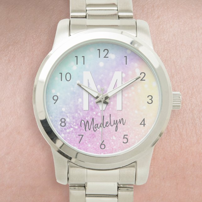 Glamourous Glitter Holograph Monogrammed Pretty Watch (Nothing says glam like this stunning watch that features a holographic glitter effect and your name.)