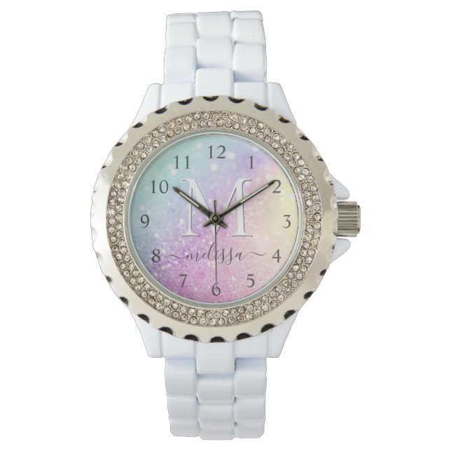 Glamourous Glitter Holograph Monogrammed Pretty Watch (Front)