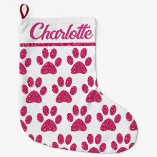 Glamourous Glitter Pink Paw Prints on White Large Christmas Stocking