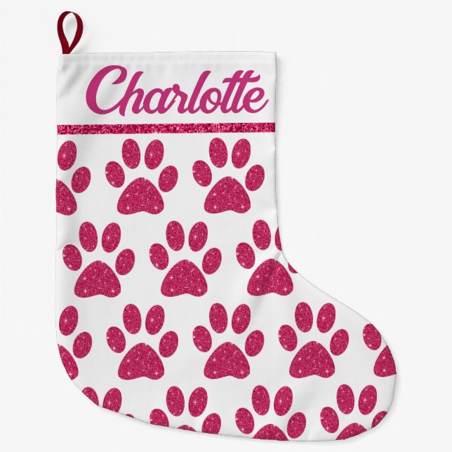 Glamourous Glitter Pink Paw Prints on White Large Christmas Stocking (Front)