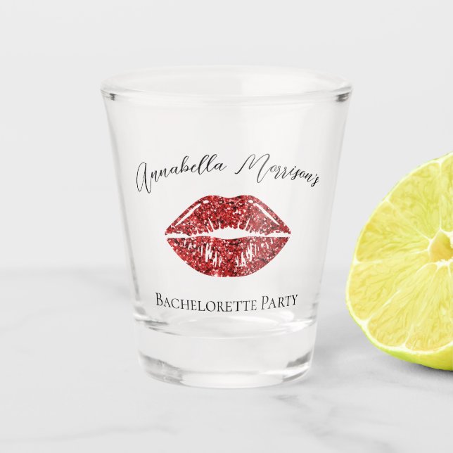 Glamourous Glitter Red Lips Bachelorette Shot Glass (Front)