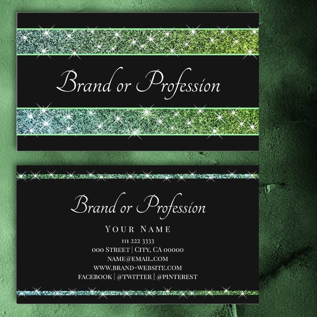 Glamourous Glitter Stars Teal Green Gradient Black Business Card (Creator Uploaded)