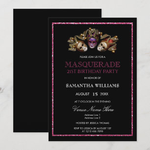 Glamourous Glitters Masquerade 21st Birthday Invitation