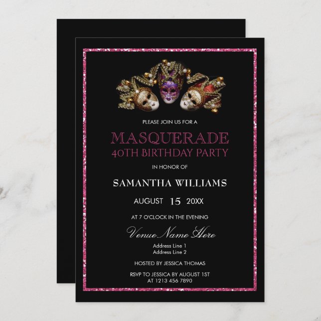 Glamourous Glitters  Masquerade 40th Birthday Invitation (Front/Back)