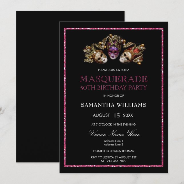 Glamourous Glitters  Masquerade 50th Birthday Invitation (Front/Back)