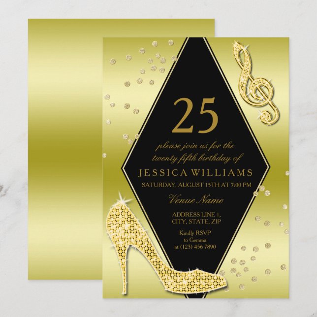 Glamourous Glitzy Gold 25th Birthday Invitation (Front/Back)