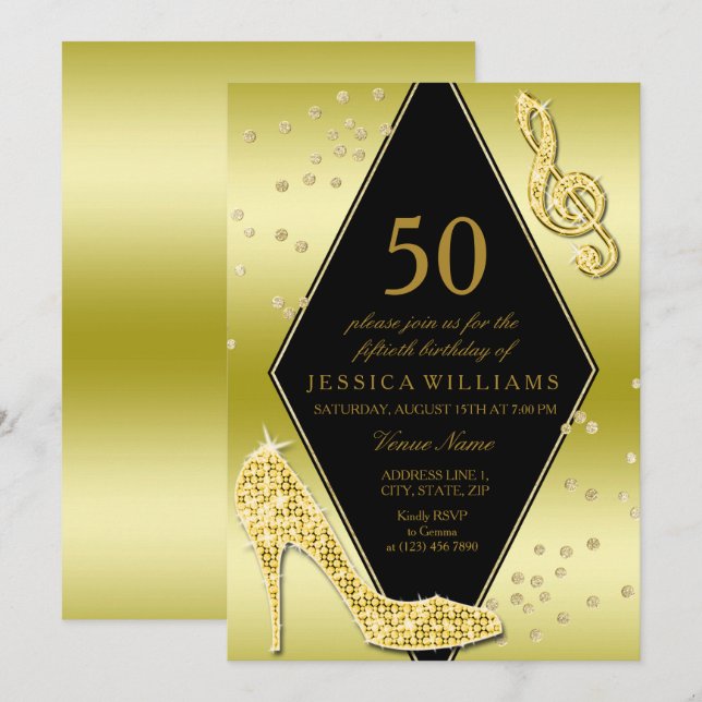 Glamourous Glitzy Gold 50th Birthday Invitation (Front/Back)
