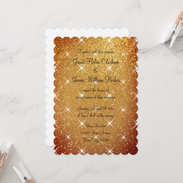Glamourous glitzy gold glitter wedding invitations (Front/Back In Situ)