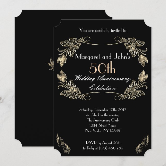 Glamourous Gold and Black 50th Wedding Anniversary Invitation (Front/Back)