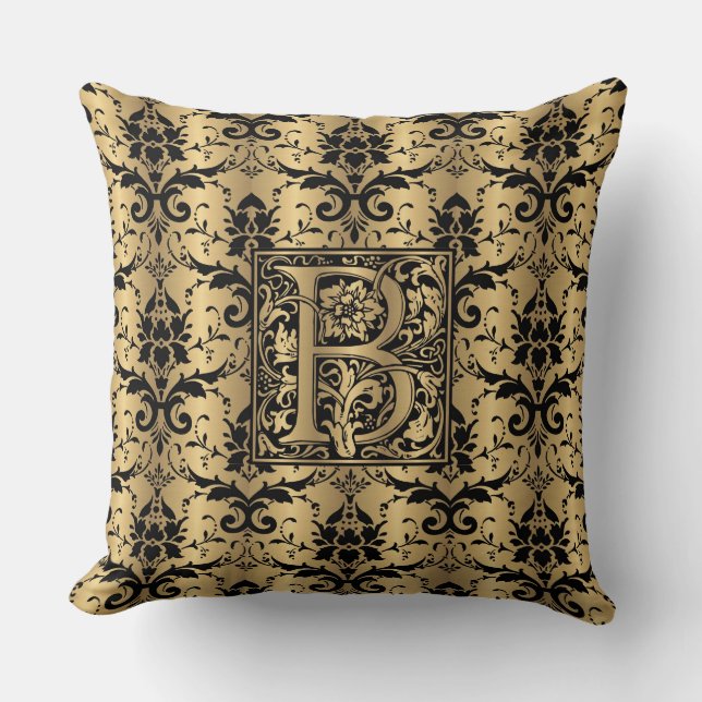 Glamourous Gold and Black Damask Print Monogram B Cushion (Front)